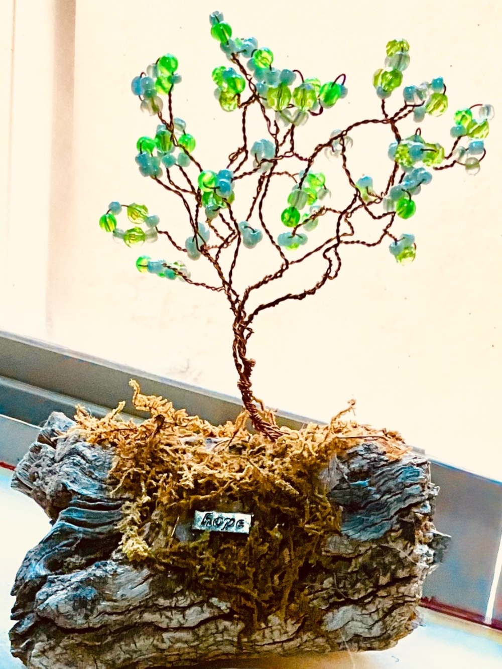 Custom Copper “Hope Tree” with Semi Translucent Leaves on Aged Moss Base